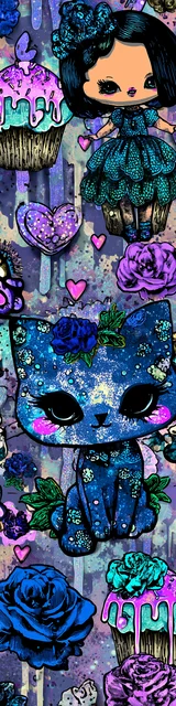 Free kawaii cats bookmark featuring a blue cat with a girl in berry tones